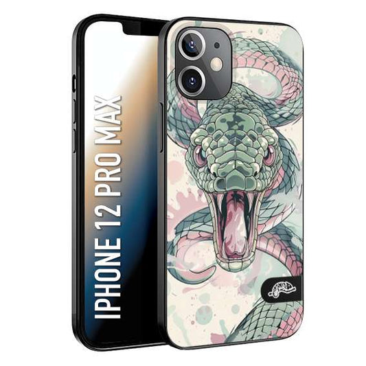 CUSTOMIZZA - Custodia cover nera morbida in tpu compatibile per iPhone 12 PRO MAX snake pink green serpente tatuaggio tattoo disegnato a mano