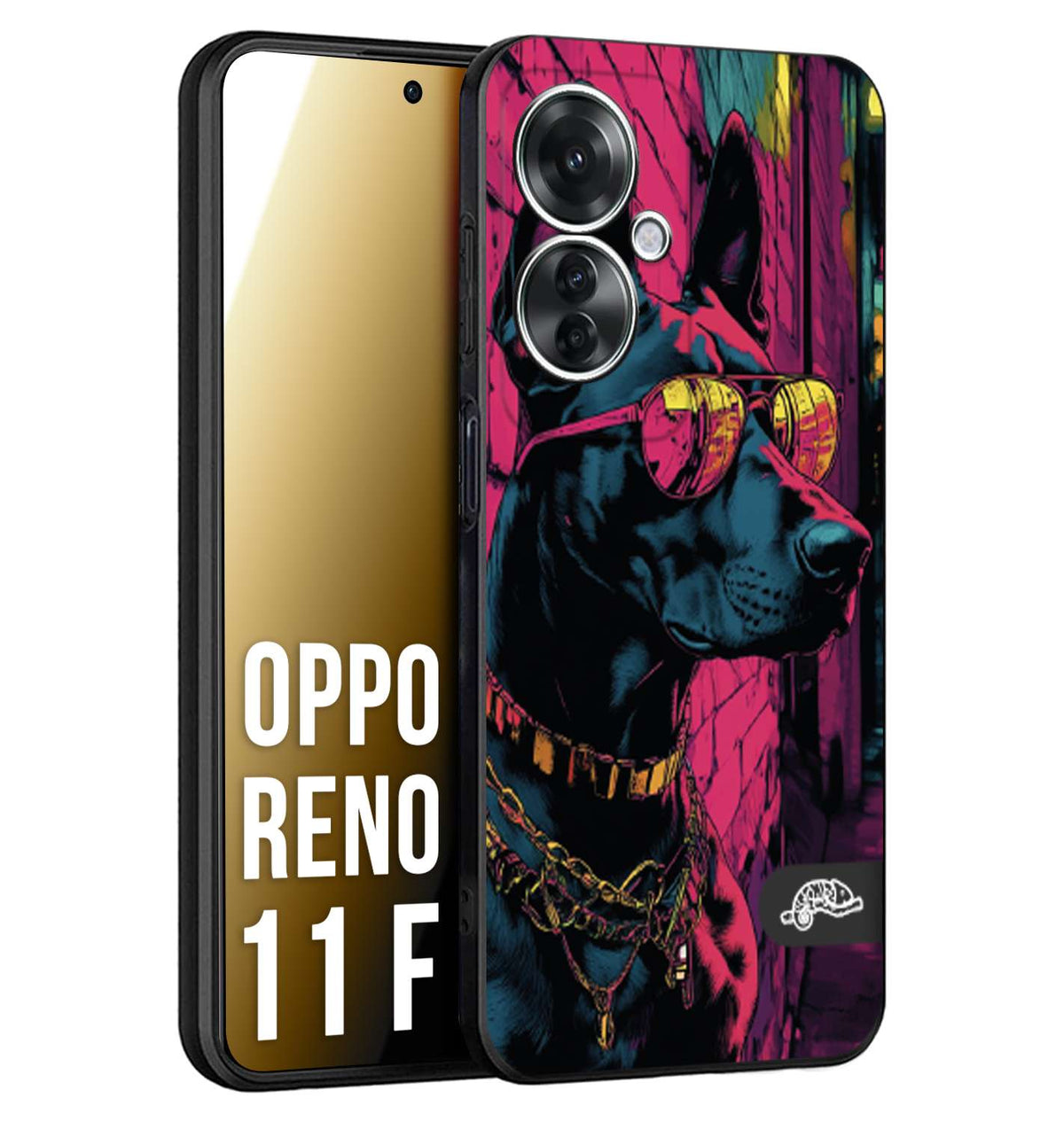 CUSTOMIZZA - Custodia cover nera morbida in tpu compatibile per Oppo Reno 11 F 5G animali cyberpunk dobermann cane street dog fucsia blu