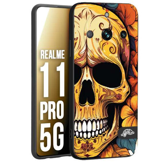 CUSTOMIZZA - Custodia cover nera morbida in tpu compatibile per Oppo Realme 11 PRO 5G teschio messicano colorato dorato fiori autunnali disegnato