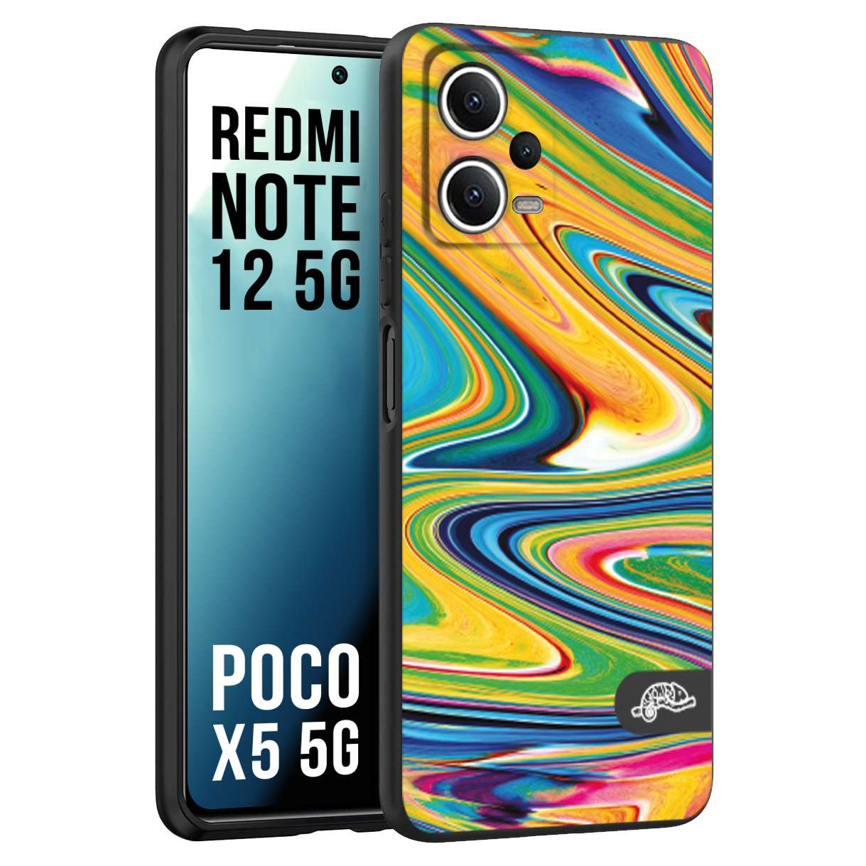 CUSTOMIZZA - Custodia cover nera morbida in tpu compatibile per Xiaomi Redmi Note 12 5G - POCO X5 5G colorata fantasia vortice marmo arcobaleno gialla verde blu