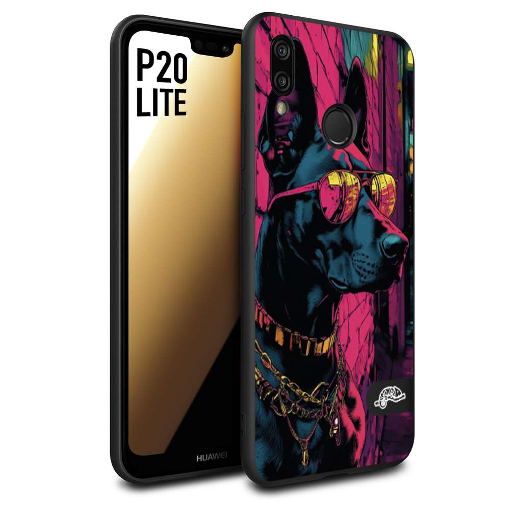 CUSTOMIZZA - Custodia cover nera morbida in tpu compatibile per Huawei P20 LITE animali cyberpunk dobermann cane street dog fucsia blu