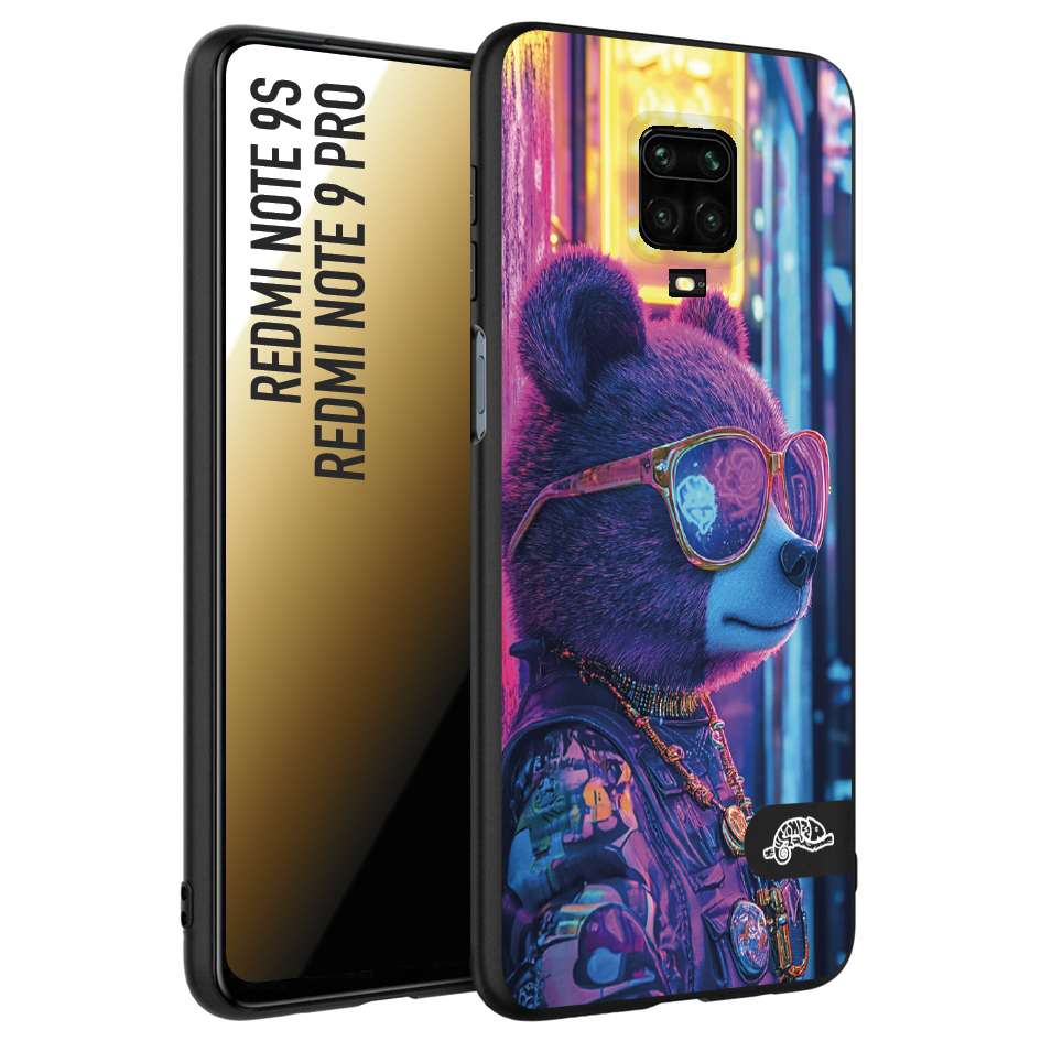 CUSTOMIZZA - Custodia cover nera morbida in tpu compatibile per Xiaomi Redmi Note 9S - Note 9 PRO animali cyberpunk orsetto orso street bear fucsia blu night