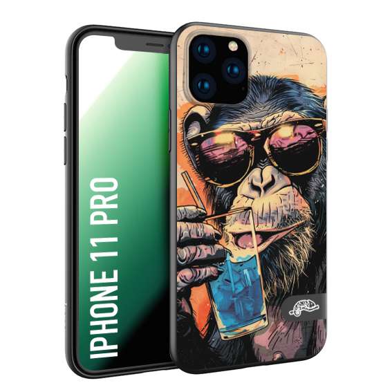 CUSTOMIZZA - Custodia cover nera morbida in tpu compatibile per iPhone 11 PRO estate disegnata cocktails animali simpatici scimmia monkey negroni