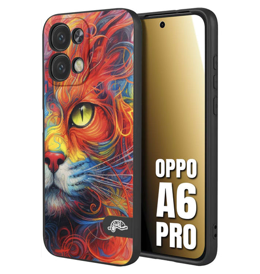 CUSTOMIZZA - Custodia cover nera morbida in tpu compatibile per Oppo A6 PRO animali color cat gatto viso colori vibranti disegnato schizzo