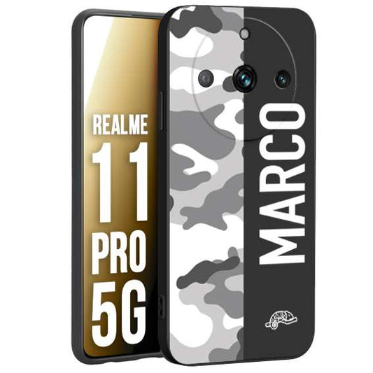 CUSTOMIZZA - Custodia cover nera morbida in tpu compatibile per Realme 11 PRO 5G camouflage mimetico militare personalizzata nome bianco