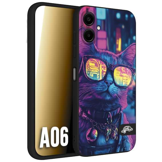 CUSTOMIZZA - Custodia cover nera morbida in tpu compatibile per Samsung A06 animali cyberpunk gatto street cat fucsia blu giallo