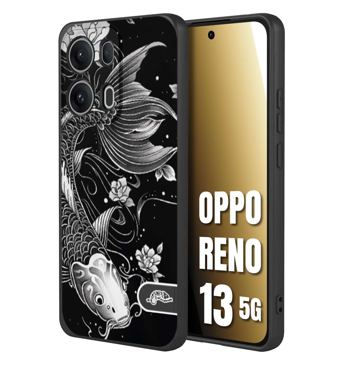 CUSTOMIZZA - Custodia cover nera morbida in tpu compatibile per Oppo Reno 13 5G carpa koi black and white bianco a rilievo disegnato tattoo tatuaggio