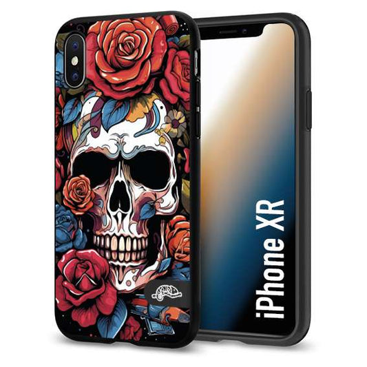 CUSTOMIZZA - Custodia cover nera morbida in tpu compatibile per iPhone XR teschio skull flowers fiori rose rosse tattoo disegnato