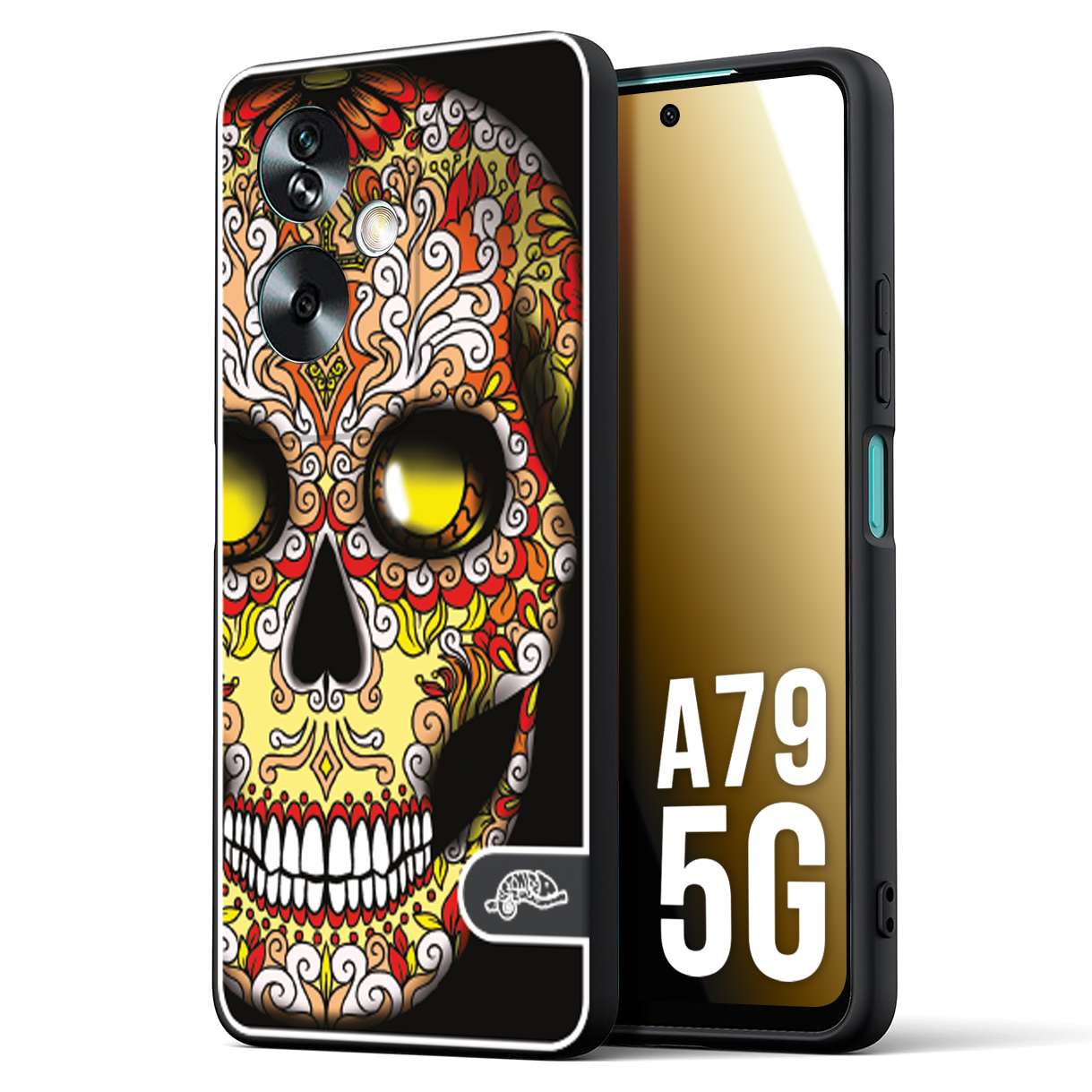 CUSTOMIZZA - Custodia cover nera morbida in tpu compatibile per Oppo A79 5G teschio messicano Mexican skull giallo rosso arancio