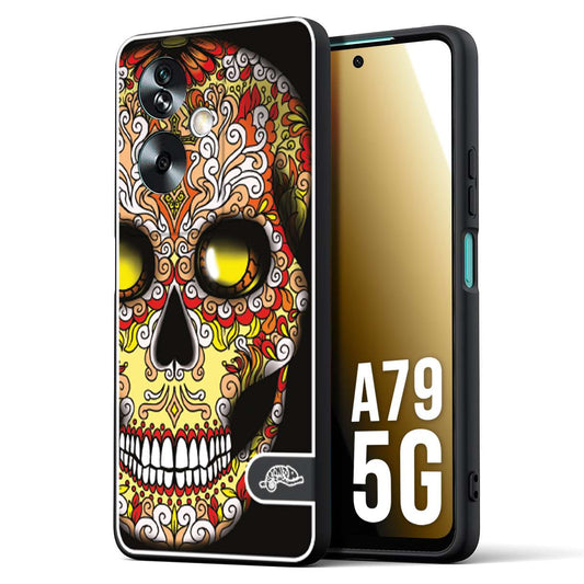 CUSTOMIZZA - Custodia cover nera morbida in tpu compatibile per Oppo A79 5G teschio messicano Mexican skull giallo rosso arancio