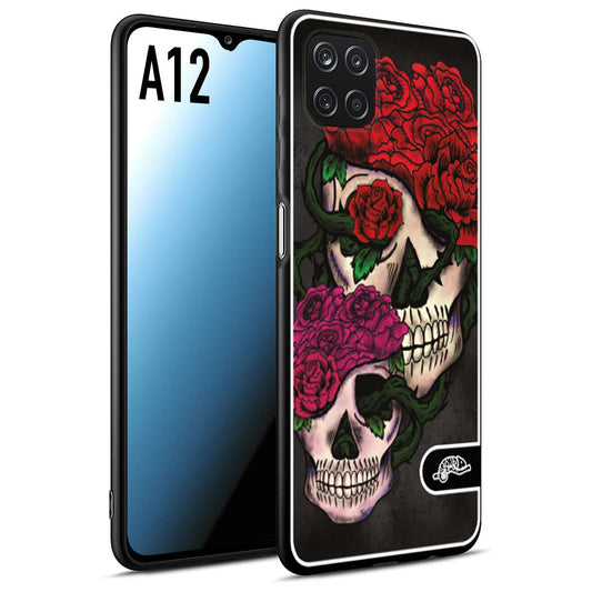 CUSTOMIZZA - Custodia cover nera morbida in tpu compatibile per Samsung A12 teschi e rose rosse fucsia skull and roses