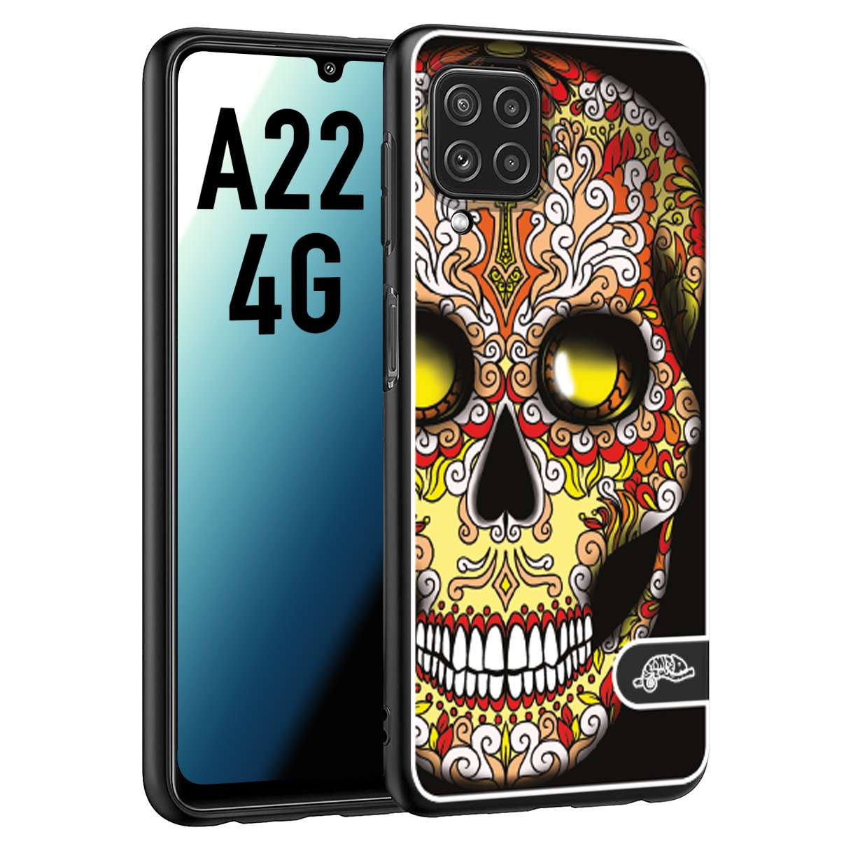 CUSTOMIZZA - Custodia cover nera morbida in tpu compatibile per Samsung A22 4G teschio messicano Mexican skull giallo rosso arancio