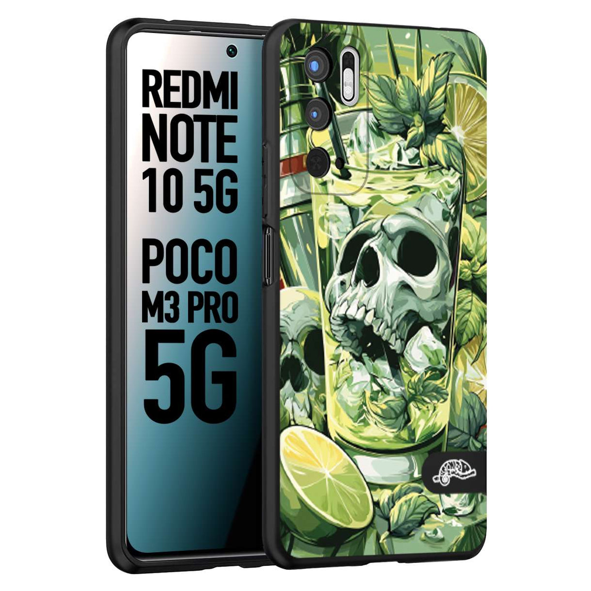 CUSTOMIZZA - Custodia cover nera morbida in tpu compatibile per Xiaomi Redmi Note 10 5G - Poco M3 Pro 5G Mojito cocktail teschio illustrazione drink lime menta ghiacci tropicale street art