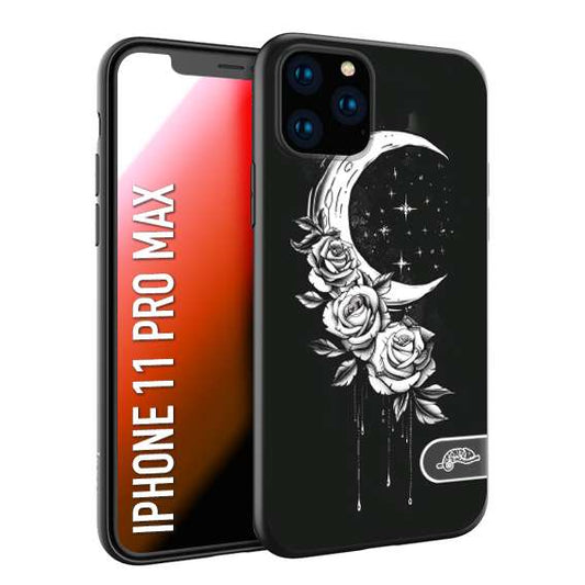 CUSTOMIZZA - Custodia cover nera morbida in tpu compatibile per iPhone 11 PRO MAX luna e fiori moon flowers black and white bianco a rilievo disegnato tattoo tatuaggio