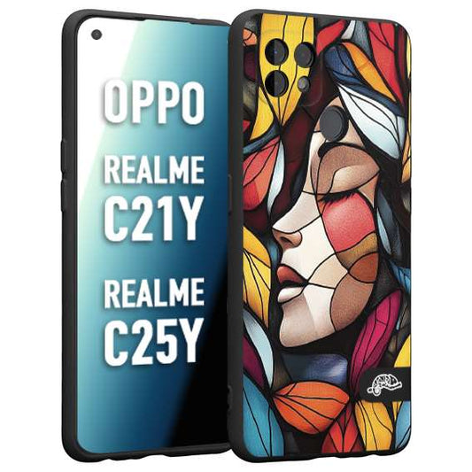 CUSTOMIZZA - Custodia cover nera morbida in tpu compatibile per Realme C21Y - C25Y Vetrata artistica volto di donna profilo fogliare mosaico di vetro colorato