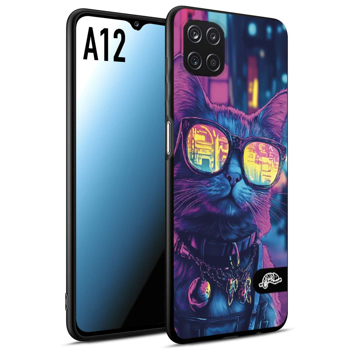 CUSTOMIZZA - Custodia cover nera morbida in tpu compatibile per Samsung A12 animali cyberpunk gatto street cat fucsia blu giallo
