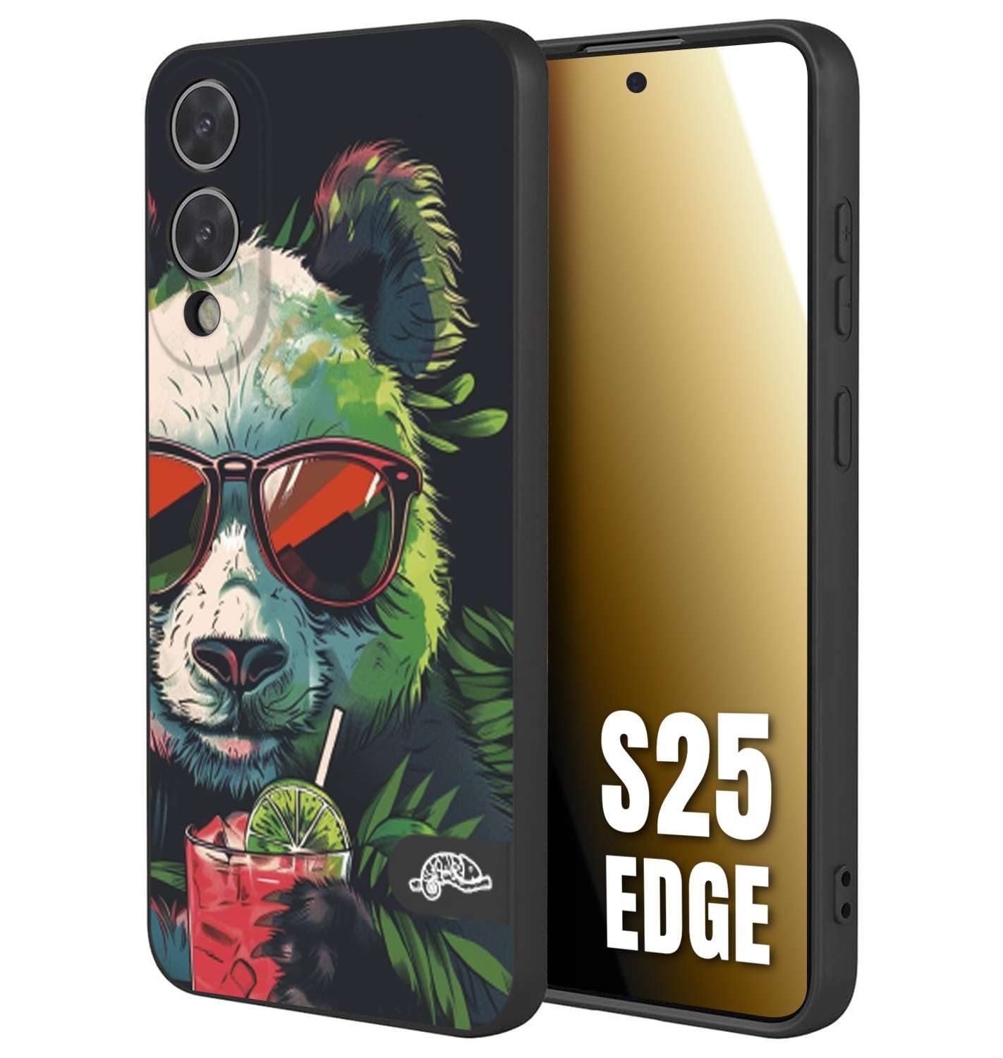 CUSTOMIZZA - Custodia cover nera morbida in tpu compatibile per Samsung S25 EDGE estate disegnata cocktails animali simpatici panda mojito