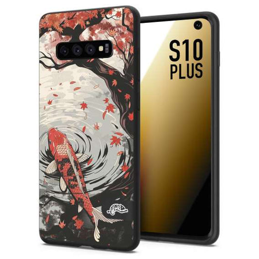 CUSTOMIZZA - Custodia cover nera morbida in tpu compatibile per Samsung S10 PLUS giapponese lago carpa koi rossa con foglie d'acero rosso disegnata tattoo