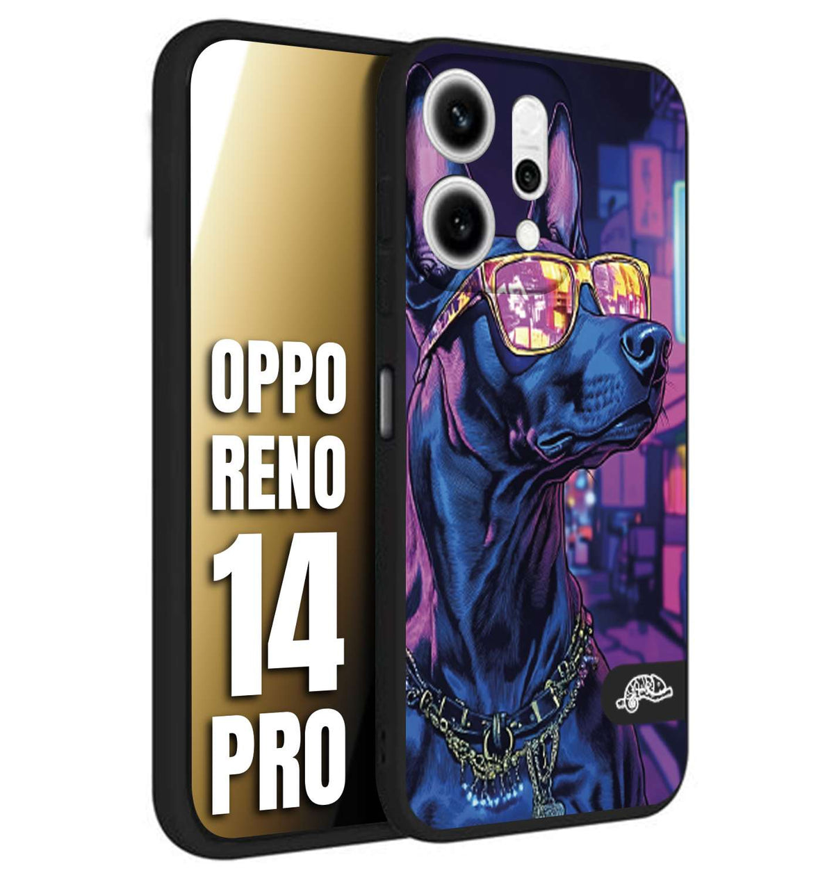 CUSTOMIZZA - Custodia cover nera morbida in tpu compatibile per Oppo Reno 14 PRO animali cyberpunk dobermann cane street dog fucsia blu night