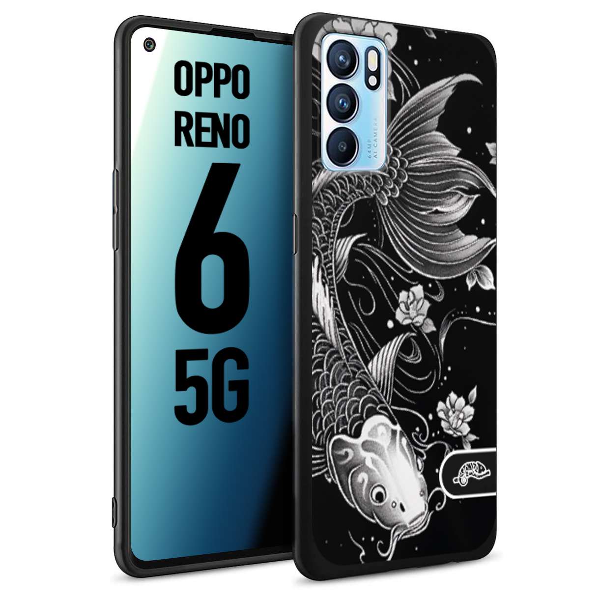 CUSTOMIZZA - Custodia cover nera morbida in tpu compatibile per Oppo Reno 6 5G carpa koi black and white bianco a rilievo disegnato tattoo tatuaggio