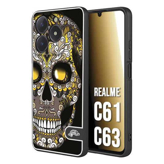 CUSTOMIZZA - Custodia cover nera morbida in tpu compatibile per Realme C61 - C63 teschio messicano Mexican skull nero giallo