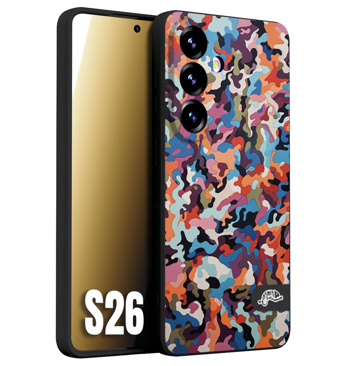 CUSTOMIZZA - Custodia cover nera morbida in tpu compatibile per Samsung S26 camouflage mimetico militare moderno blu arancio rosa