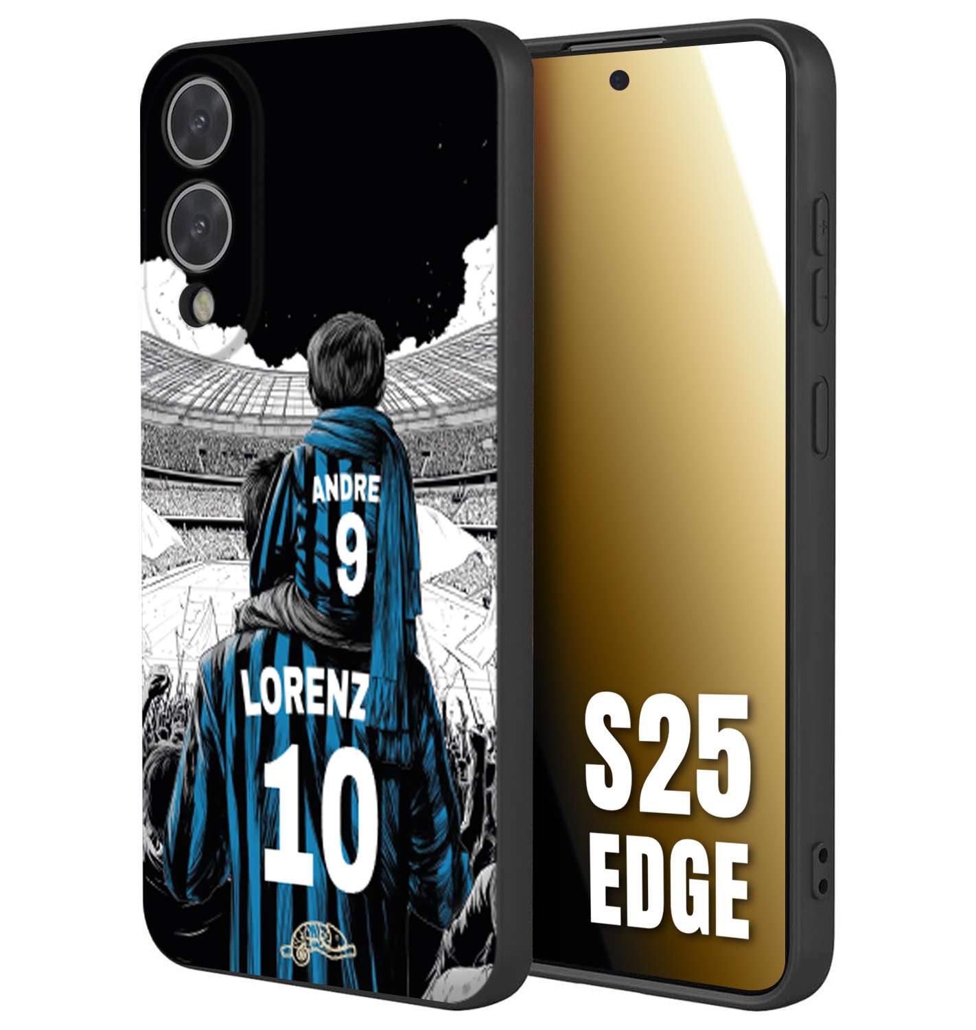 CUSTOMIZZA - Custodia cover nera morbida in tpu compatibile per Samsung S25 EDGE personalizzata calcio football padre e figlio calciatori nerazzurra