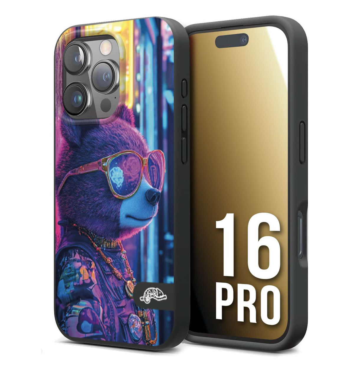 CUSTOMIZZA - Custodia cover nera morbida in tpu compatibile per iPhone 16 PRO animali cyberpunk orsetto orso street bear fucsia blu night