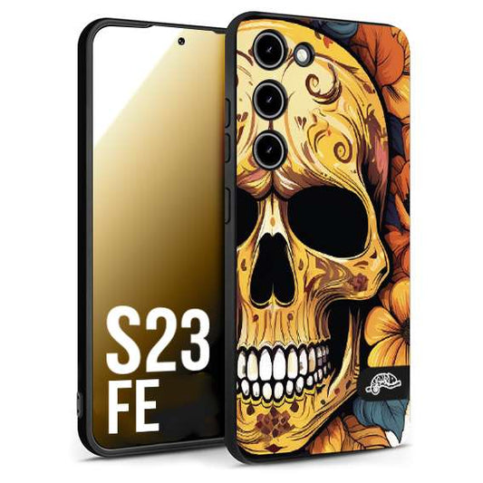 CUSTOMIZZA - Custodia cover nera morbida in tpu compatibile per Samsung S23 FE teschio messicano colorato dorato fiori autunnali disegnato