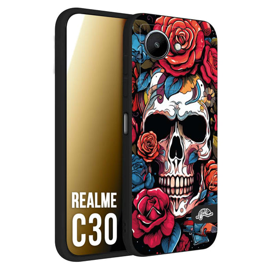 CUSTOMIZZA - Custodia cover nera morbida in tpu compatibile per Oppo Realme C30 teschio skull flowers fiori rose rosse tattoo disegnato