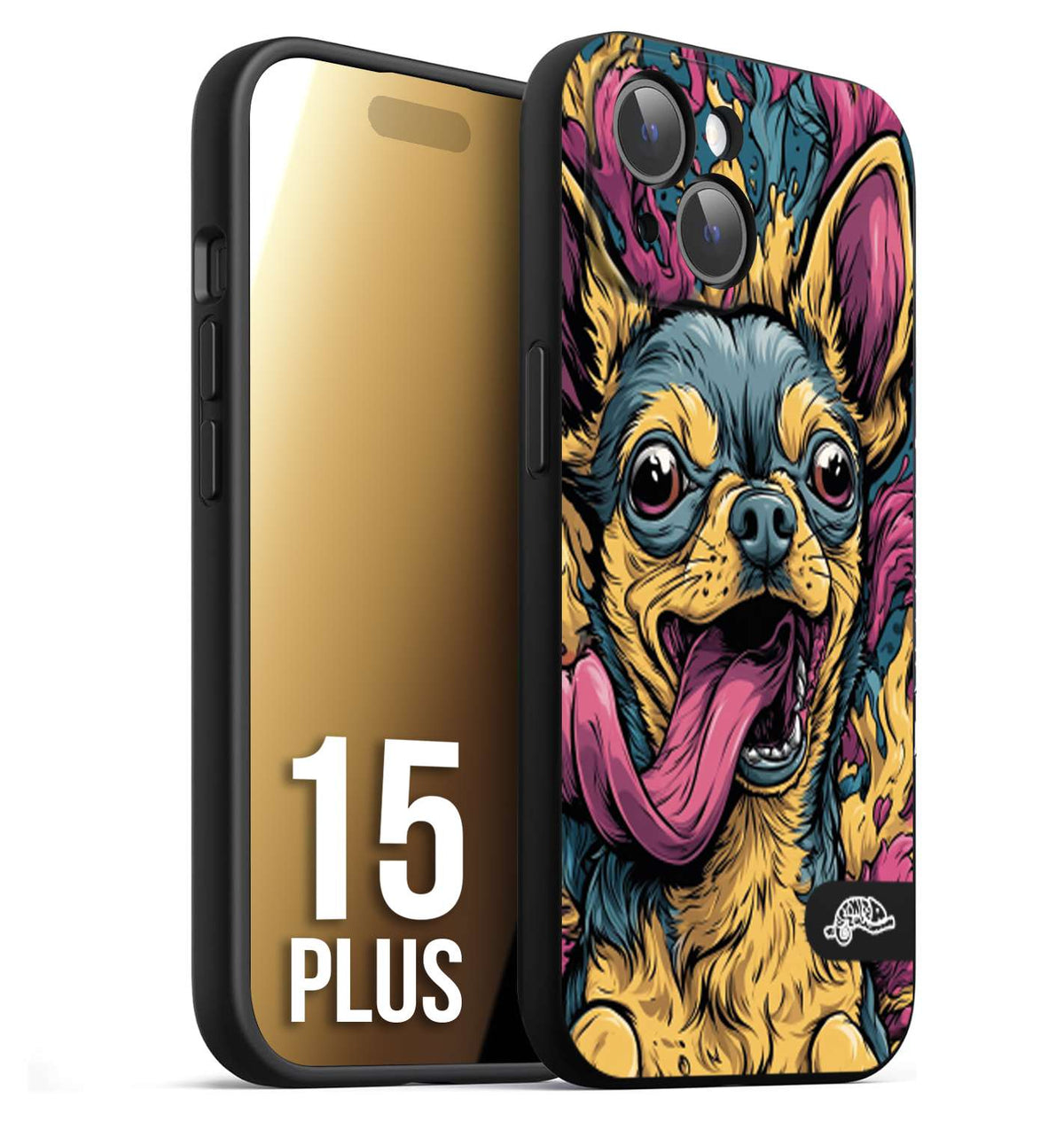 CUSTOMIZZA - Custodia cover nera morbida in tpu compatibile per iPhone 15 PLUS Chihuahua illustrazione cane pop art cane street art cartone animato