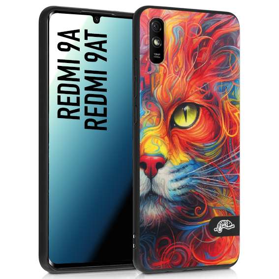 CUSTOMIZZA - Custodia cover nera morbida in tpu compatibile per Xiaomi Redmi 9A - 9AT animali color cat gatto viso colori vibranti disegnato schizzo