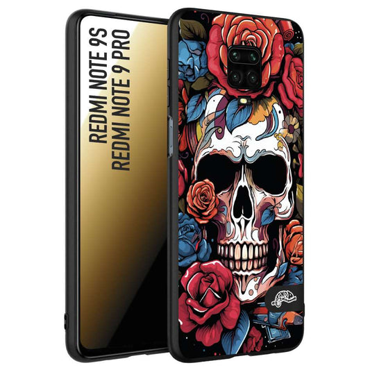 CUSTOMIZZA - Custodia cover nera morbida in tpu compatibile per Xiaomi Redmi Note 9S - Note 9 PRO teschio skull flowers fiori rose rosse tattoo disegnato