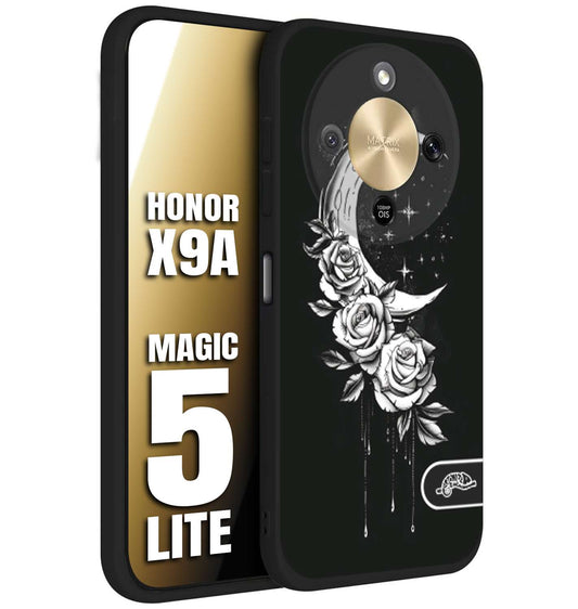CUSTOMIZZA - Custodia cover nera morbida in tpu compatibile per Honor X9A - Honor Magic 5 Lite luna e fiori moon flowers black and white bianco a rilievo disegnato