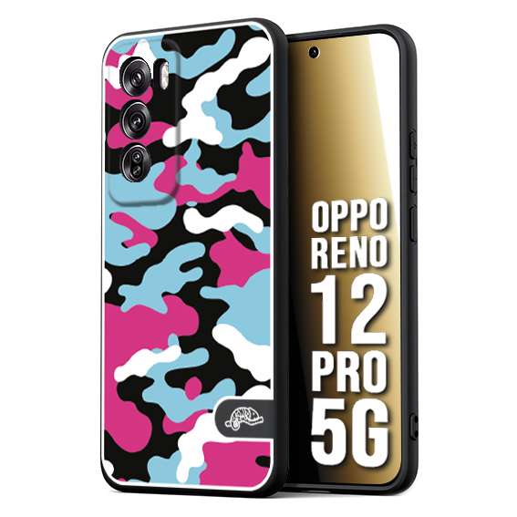 CUSTOMIZZA - Custodia cover nera morbida in tpu compatibile per Oppo Reno 12 PRO 5G camouflage mimetico militare fucsia celeste