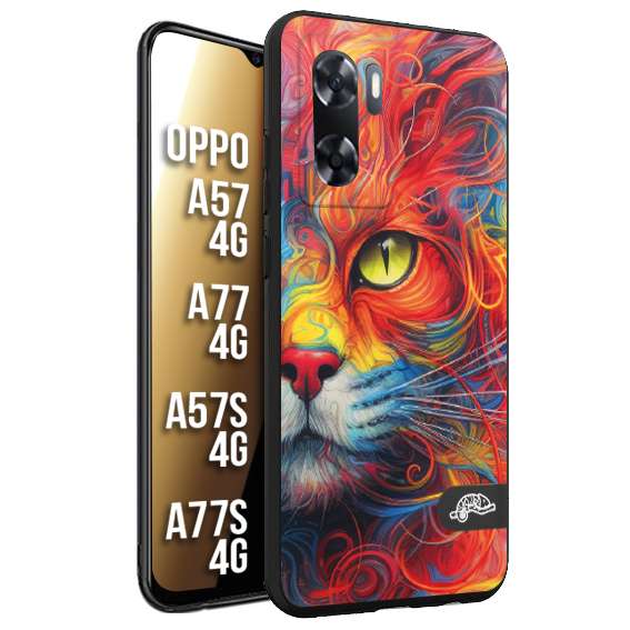 CUSTOMIZZA - Custodia cover nera morbida in tpu compatibile per Oppo A57 - A77 - A57S - A77S (4G) animali color cat gatto viso colori vibranti disegnato schizzo