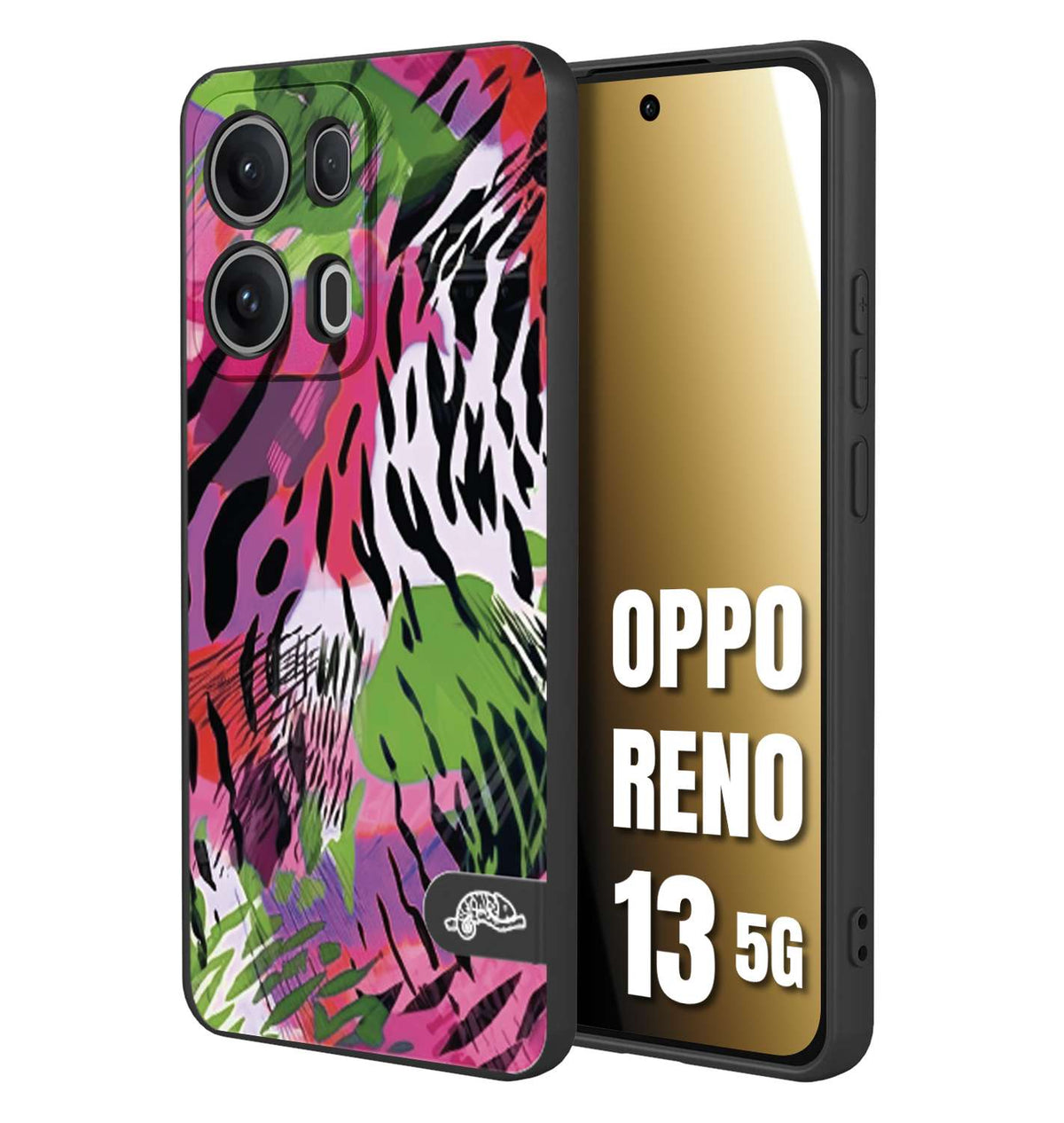 CUSTOMIZZA - Custodia cover nera morbida in tpu compatibile per Oppo Reno 13 5G leopardato tigrato tiger colorata summer color verde fucsia