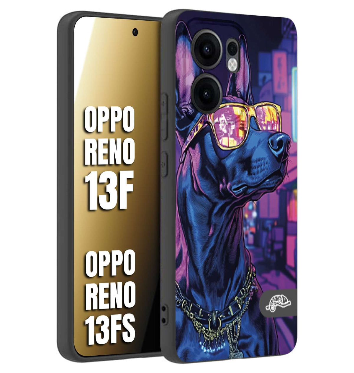 CUSTOMIZZA - Custodia cover nera morbida in tpu compatibile per Oppo Reno 13 F animali cyberpunk dobermann cane street dog fucsia blu night