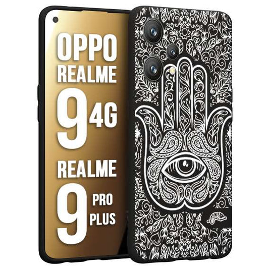 CUSTOMIZZA - Custodia cover nera morbida in tpu compatibile per Realme 9 4G - 9 PRO PLUS mano di fatima effetto rilievo mandala donna