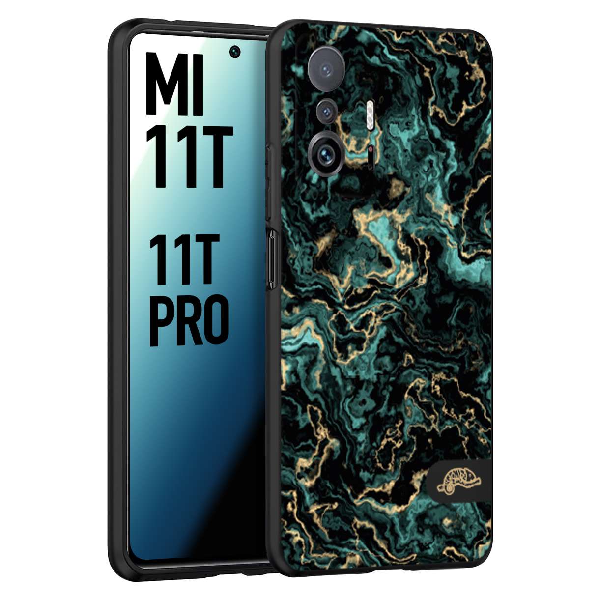 CUSTOMIZZA - Custodia cover nera morbida in tpu compatibile per Xiaomi Mi 11T - Mi 11T PRO effetto marmo marble verde green venature dorato pietra