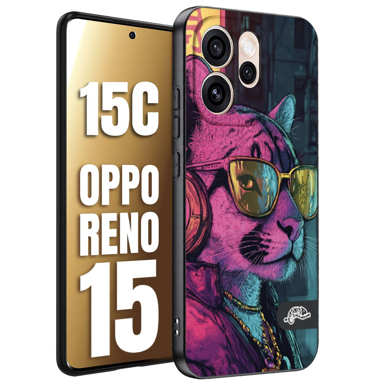 CUSTOMIZZA - Custodia cover nera morbida in tpu compatibile per Oppo Reno 15 - Reno 15Canimali cyberpunk pantera street cat fucsia blu giallo