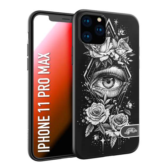 CUSTOMIZZA - Custodia cover nera morbida in tpu compatibile per iPhone 11 PRO MAX occhio fiori rombo geometrico black and white bianco a rilievo disegnato tattoo tatuaggio