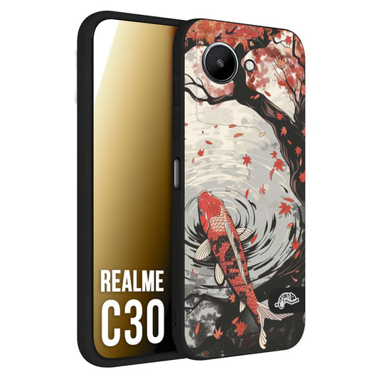 CUSTOMIZZA - Custodia cover nera morbida in tpu compatibile per Realme C30 giapponese lago carpa koi rossa con foglie d'acero rosso disegnata tattoo