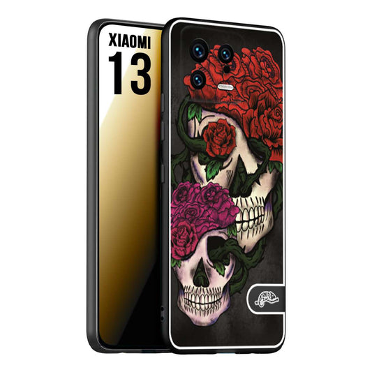 CUSTOMIZZA - Custodia cover nera morbida in tpu compatibile per Xiaomi 13 teschi e rose rosse fucsia skull and roses