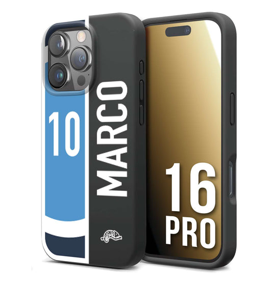 CUSTOMIZZA - Custodia cover nera morbida in tpu compatibile per iPhone 16 PRO personalizzata calcio football nome e numero calciatori biancoazzurri bianco celesti