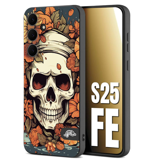 CUSTOMIZZA - Custodia cover nera morbida in tpu compatibile per Samsung S25 FE teschio skull flowers fiori tattoo disegnato alta definizione