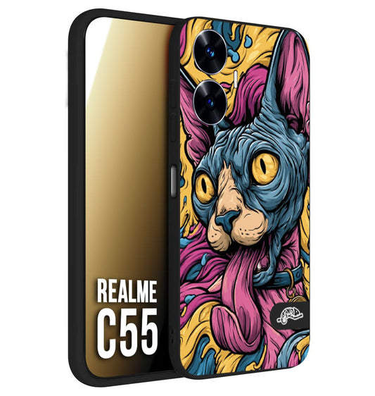 CUSTOMIZZA - Custodia cover nera morbida in tpu compatibile per Realme C55 Sphynx Colorato Pop Art Psichedelico Gatto Blu Rosa Giallo Artistica Fantasy