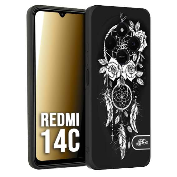 CUSTOMIZZA - Custodia cover nera morbida in tpu compatibile per Xiaomi Redmi 14C acchiappasogni dreamcatcher black and white bianco a rilievo disegnato tattoo tatuaggio
