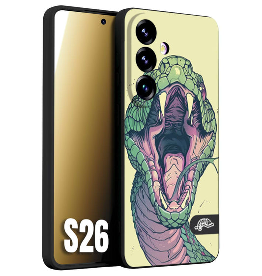 CUSTOMIZZA - Custodia cover nera morbida in tpu compatibile per Samsung S26 snake yellow green serpente tatuaggio tattoo disegnato a mano