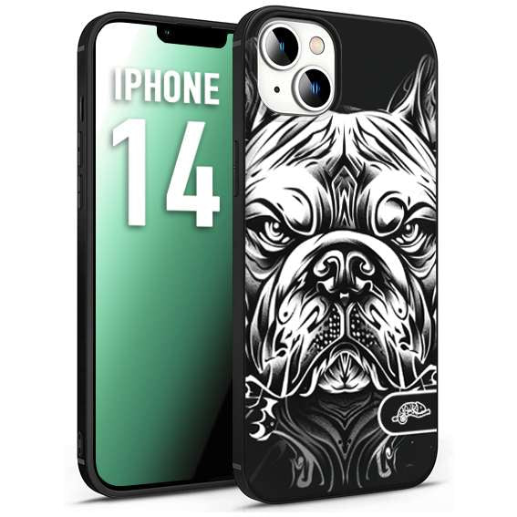 CUSTOMIZZA - Custodia cover nera morbida in tpu compatibile per iPhone 14 bulldog bianco a rilievo disegnato tattoo tatuaggio